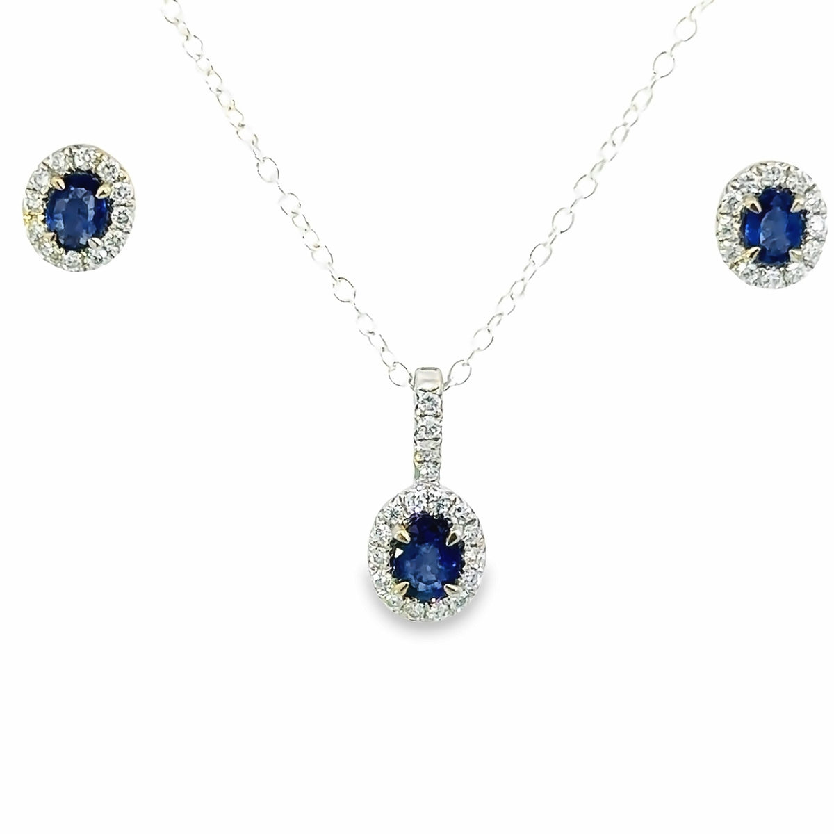 Oval Sapphire & Diamond Halo Pendant, 18K White Gold — view 2