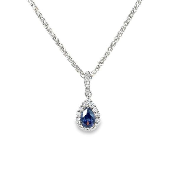 Pear Sapphire & Diamond Halo Pendant, 18K White Gold — view 1