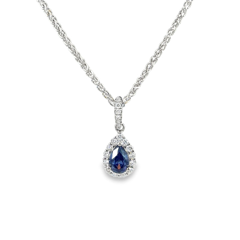 Pear Sapphire & Diamond Halo Pendant, 18K White Gold — view 1