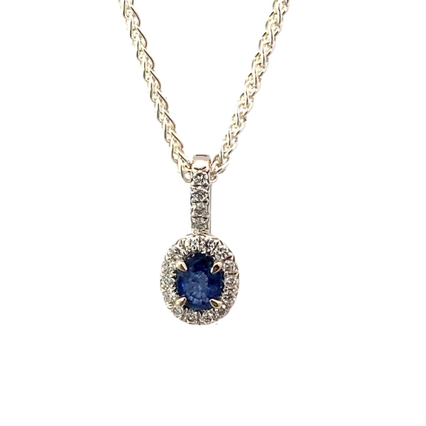 Oval Sapphire & Diamond Halo Pendant, 18K White Gold — view 1
