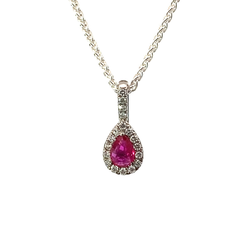 Pear Ruby & Diamond Halo Pendant, 18K White Gold — view 1